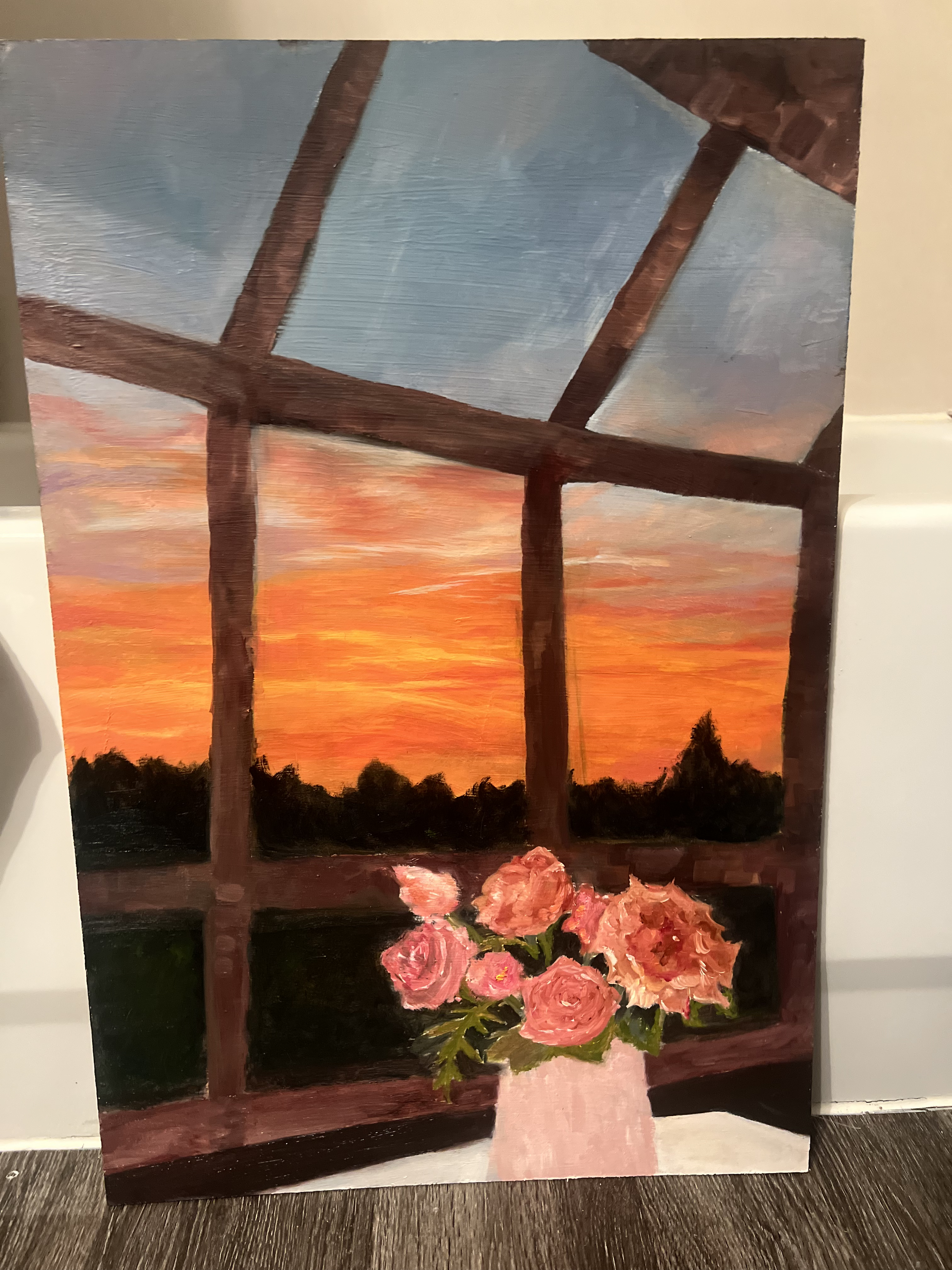 Oil painting of penthouse studio apartment at sunset - detail